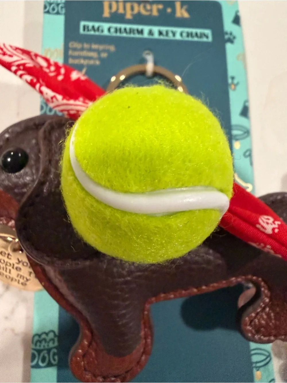 Piper·k Brown Dachshund Bag Charm with Neon Yellow Tennis Ball